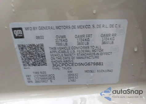 2022 Chevrolet Silverado 1500 4Wd Short Bed Custom Trail Boss z USA, uszkodzony, nr VIN 3GCPDCED5NG679881